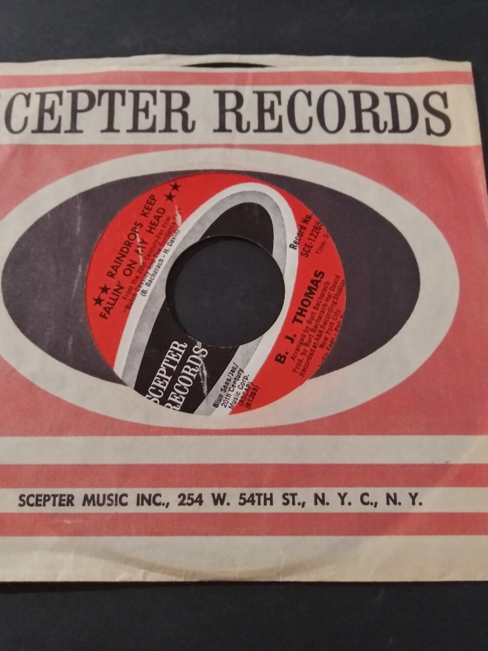 B.J. Thomas – Raindrops Keep Fallin' On My Head VG++ 45RPM Scepter Record 1969